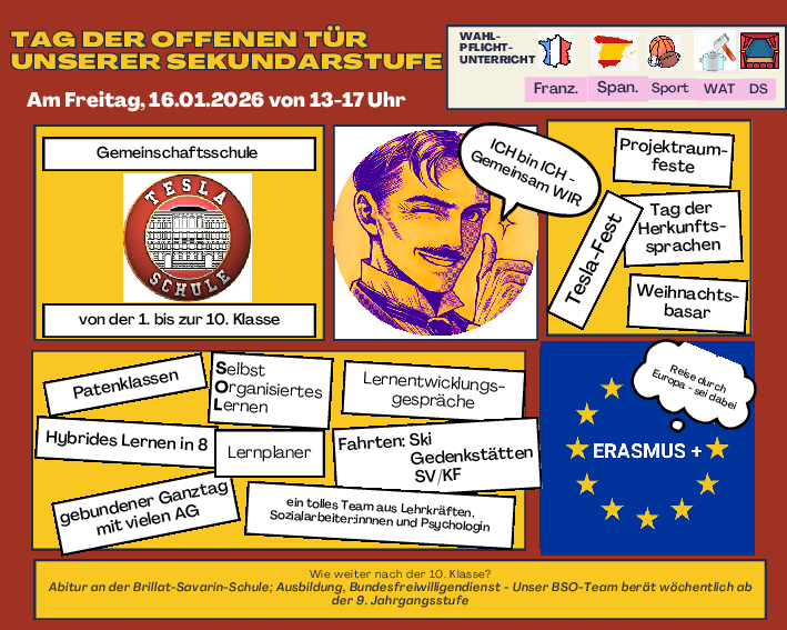 Flyer zum Tag der offenen Tür an der Tesla Schule